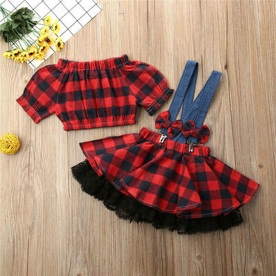 

2PCS Toddler Kids Baby Girls Christmas Plaid Tops Overall Skirt Dress Outfit Set