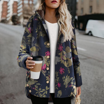 

Toponeto Women Vintage Leaves Floral Printed Pockets Button Hooded Coats Outwear