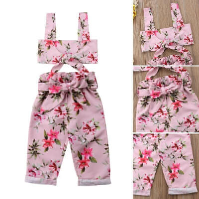 

2Pcs Summer Kids Baby Girls Bow Floral Crop Top VestBowknot Pants Outfits Set