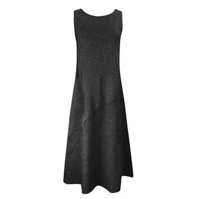 

Fashion Simple Sweet Women Casual Striped Sleeveless Dress Crew Neck Pocket Long Dress