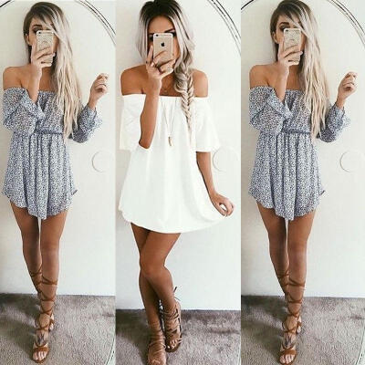 

NEW Women Summer Casual Off Shoulder Party Evening Beach Dress Short Mini Dress