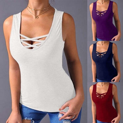 

Fashion Women Lace Up Sexy Bandage Slim Tops Tees Sleeveless Cotton T-shirt Vest