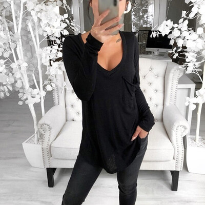 

Womens Casual Solid V Neck Blouse Long Sleeve Pocket Plus Size Loose Tops Shirt