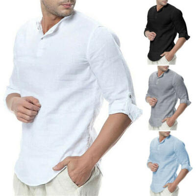 

US Men Long Sleeve V-Neck Casual Loose T-Shirt Blouse Cotton Linen Pullover Tops