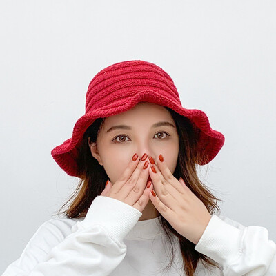 

The new Korean winter 2019 purchasing womens warm knit Joker foldable striped solid color fisherman hat basin hat