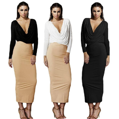 

New Sexy Women Two-Piece Dress Deep V Neck Ruffle Long Sleeve Crop Top High Waist Skirt Set BlackWhiteBeige