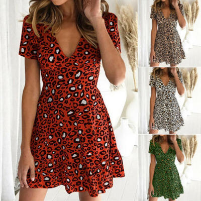 

Womens Short Sleeve Wrap Leopard Print Mini Dress Ladies Summer Sundress Holiday