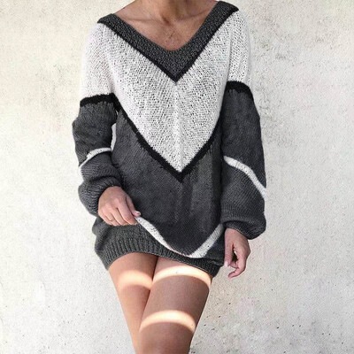 

Tailored Women New Fashion V-Neck Sexy Sweater Dress Color Block Long Sleeve Mini Dress