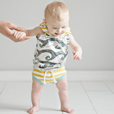 

Toddler Baby Hooded Boys Wave Striped Tracksuit Tops Shorts Pants Outfits Set