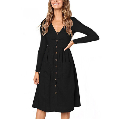 

Women\S Fashion V-Neck Button Versatile Pocket Long Sleeve Dress