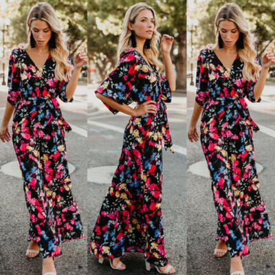 

Women Boho Floral Long Maxi Dress Cocktail Party Evening Summer Beach Sundress