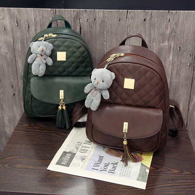 

PU leather solid color embroidered pure package bag college wind soft face womens backpack oval girl travel backpack