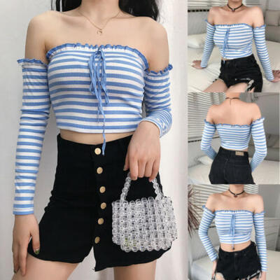 

Women Ladies Off Shoulder Long Sleeve Striped Tops Casual T-Shirt Blouse US