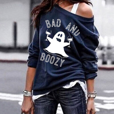 

New Women Fashion Halloween Ghost Printing Hoodie Casual Long Sleeve Solid Color Pullover Sweatshirt