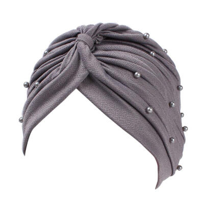 

Women Turban Hat Faux Pearl Pleated Muslim Hijab Stretch Cap Chemo Head Scarf