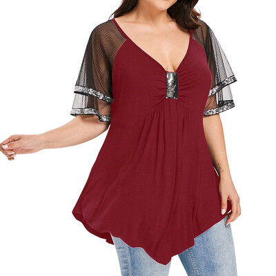 

Roseonmyhand Fashion Womens Plus Size Glittery Mesh V-Neck Sparkly Sequin T-shirt Tops Blouse