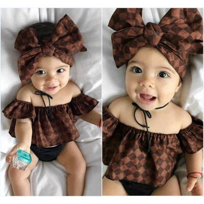 

Cotton Newborn Baby Girl Off Shoulder Tops Headband Shorts Outfit Clothes Sets