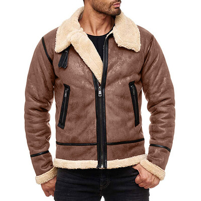 

Toponeto Men Autumn Winter Highneck Warm Liner Lapel Leather Zipper Outwear Top Coat