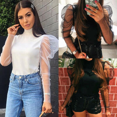 

US Women Cropped Tops Sheer Tee Casual T-shirts Mesh Puff Sleeve Blouse Slim Fit