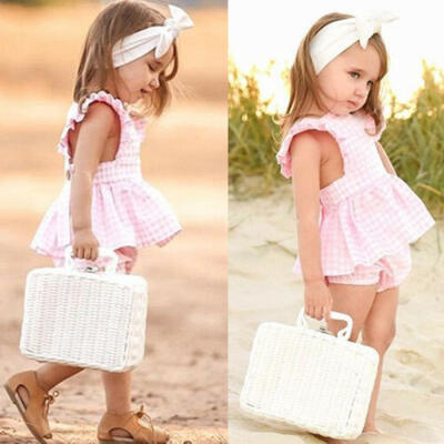 

Toddler Baby Girls Cotton Checks Tops Dress Plaids Shorts Summer Outfit Sunsuit