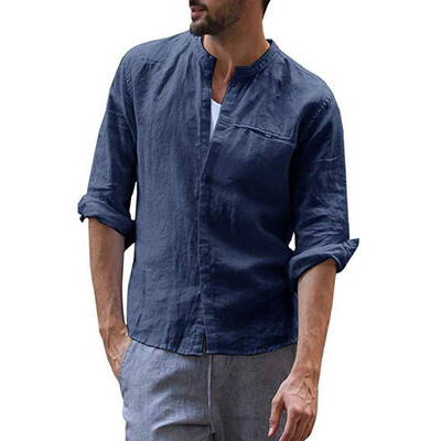 

Mens Loose Shirt Mature Tops Round Collar Long Sleeve Soild Color Button Blouse