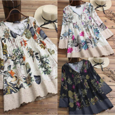 

US Women Ladies Mini Dress Vintage Long Sleeve Tunic Floral Plus Size Plain Tops