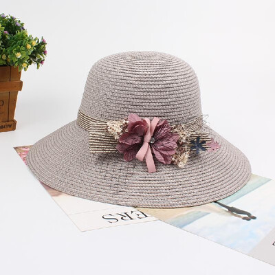 

Women Summer Sun Straw Hat Bow Flower Adjustable Dome Panama Beach Holiday Cap