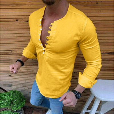 

Toponeto Mens Baggy Cotton Linen Solid Long Sleeve Retro T Shirts Tops Blouse