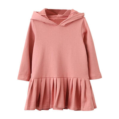 

Sweet Solid Color Rabbit Ears Hooded Pleated Dress Girls Kids Casual Wear