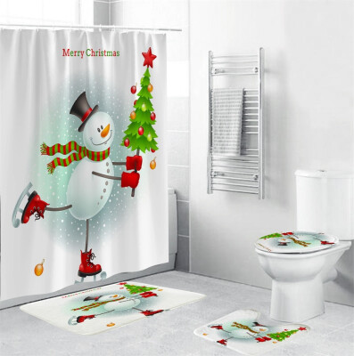 

Gobestart 4Pcs Christmas shower Curtain Bathroom Anti-slip Carpet Rug Toilet Cover Mat Set