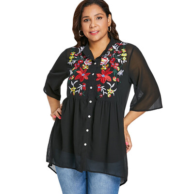 

Plus Size Button Up Embroidery Blouse