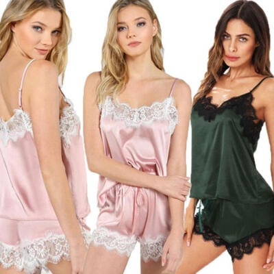 

Women Sexy Satin Lace Sleepwear Babydoll Lingerie Nightdress Pajamas 2Pcs Set