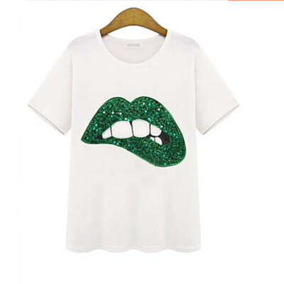 

Sexy Women Casual Shirts Sequin Lips Print Short Sleeve Tops Shirts -XL
