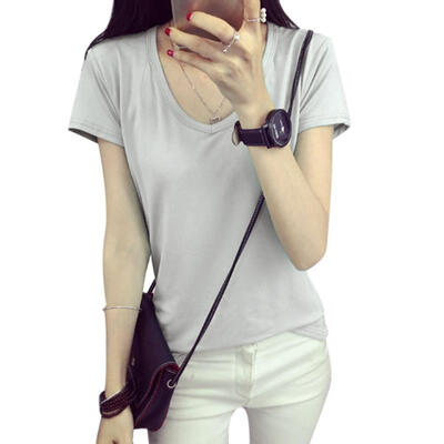 

Women Solid Color Cotton T Shirt Sexy V Neck Summer Short Sleeve Basic Tee