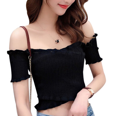 

Womens Slash Neck Solid Short Sleeve Knitted Ruffles T-Shirt