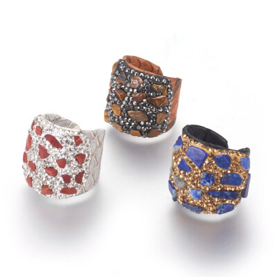 

Leather Imitation Snakeskin Cuff Rings with Polymer Clay Rhinestone Natural Mixed Stone Chips 1618mm