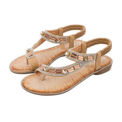 

Rose Womens Ladies Bohemian Toepost Crystal Elastic Band Beach Sandals Roman Shoes