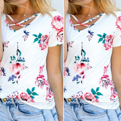 

omen Summer Short Sleeve Floral Shirt Blouse Tops Loose T Shirt Casual TOPS