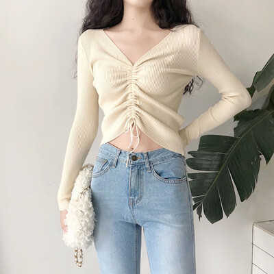 

sweater women Sexy lace up knitting pullover top Fashion autumn winter Chic pink V-neck knit slim jumper pull femme 2019 New