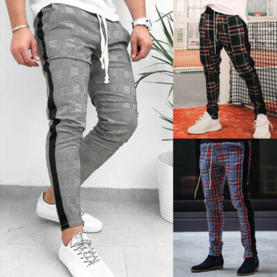 

Gym Mens Trousers Plaid Tracksuit Bottoms Skinny Joggers Sweat Track Pants