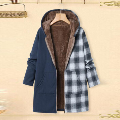 

Toponeto Plus Size Women Winter Warm Printed Pockets Thicker Zipper Hooded Coat Outwear