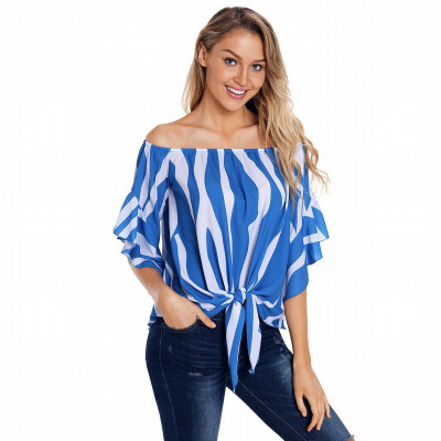 

One-neck trumpet seven-point sleeve vertical striped casual top