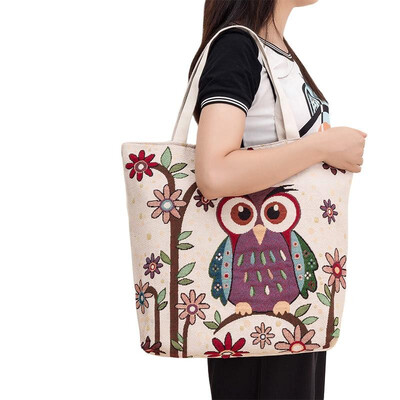 

New Women Canvas Handbag Animal Floral Embroidery Jacquard Shoulder Bag Large Capacity Casual Shopping Bag Tote