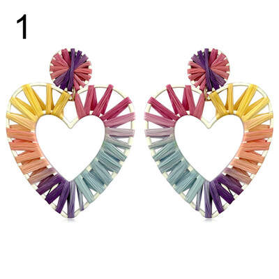

Boho Beach Women Rainbow Raffia Rattan Hollow Heart Drop Statement Stud Earrings