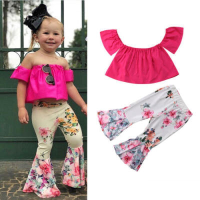 

Baby Girls Kids Off-shoulder T Shirt TopsFlare Pants Summer Outfit Clothes Set