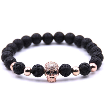 

8 mm Natural Stone Volcanic Stone Bracelet Copper Beads Micro Inlay Zircon Skull Bracelet Unisex Pair Jewellery Hot Gift