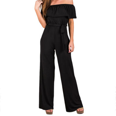 

Solid Color Ruffle Jumpsuit Women Off Shoulder Wide Leg Bandage Bodysuit