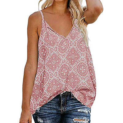 

Starmoon Women Sling V Neck Sleeveless Strap Print Down Front Casual Loose Shirts Tops