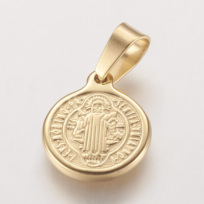

304 Stainless Steel Pendants Flat Round with Cssml Ndsmd Cross God Father Religious Christianity Golden 16x13x2mm Hole 4x6mm