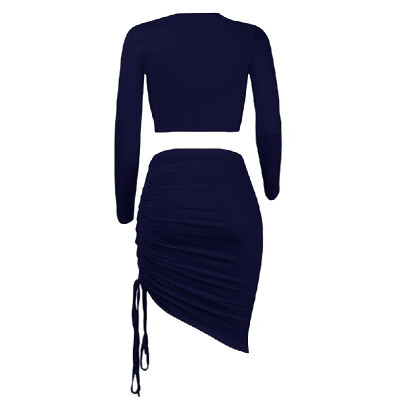 

Sexy Women Two-piece Set Deep V Neck Crop Top Long Sleeve Bandage Asymmetric Bodycon Skirt Suits Party Clubwear